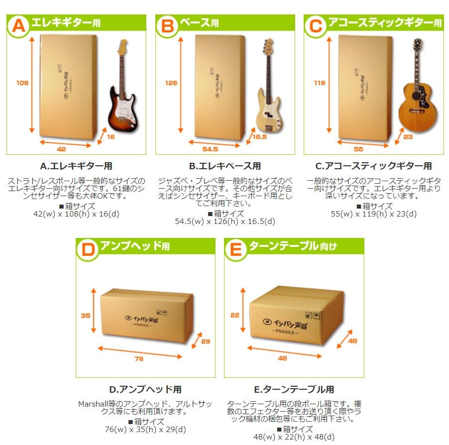 イシバシ楽器の宅配買取用無料梱包キット（ダンボールのサイズ）